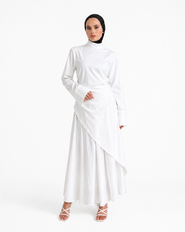 White Cascading Asymmetric Two-Piece Set