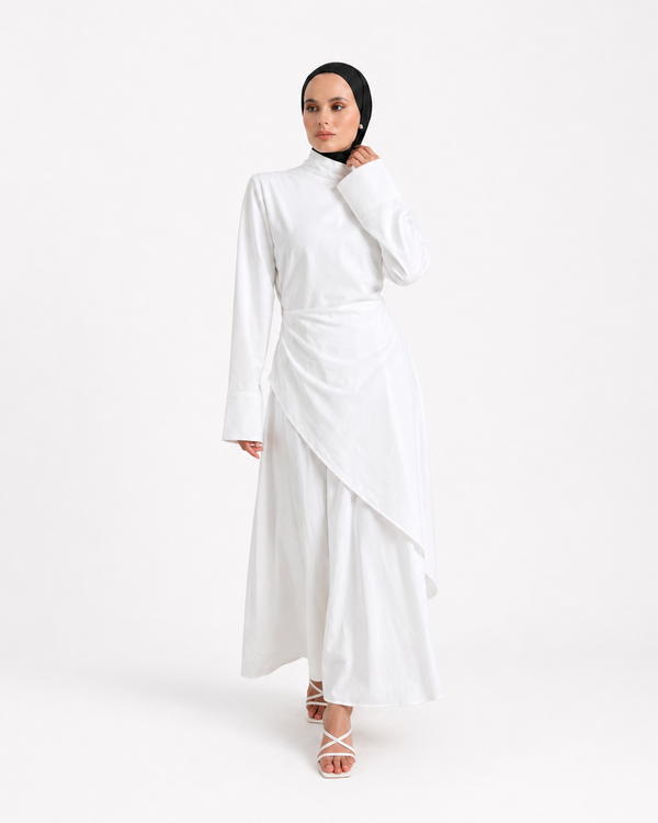 White Cascading Asymmetric Two-Piece Set