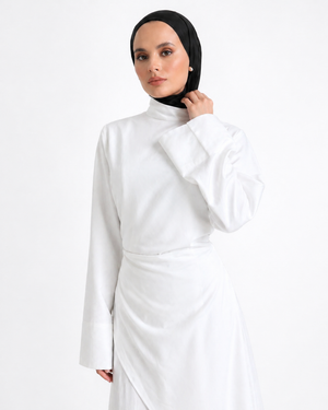 White Cascading Asymmetric Two-Piece Set