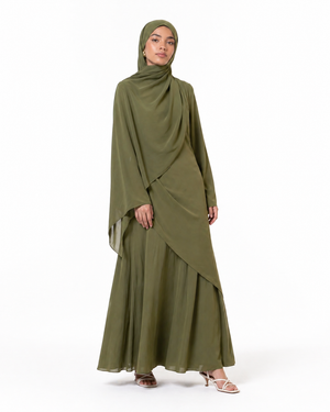 Olive Cascading Asymmetric Two-Piece Set