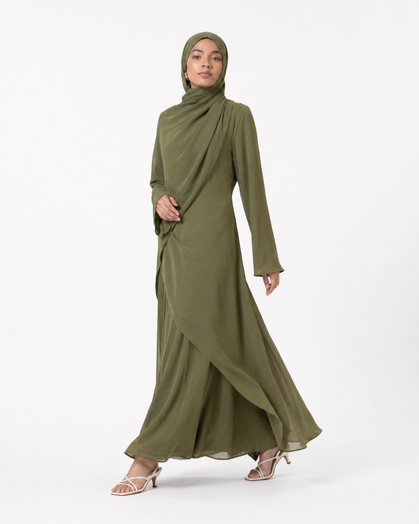 Olive Cascading Asymmetric Two-Piece Set