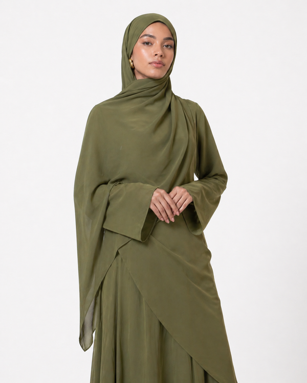 Olive Cascading Asymmetric Two-Piece Set
