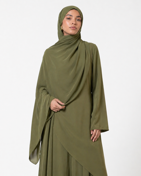 Olive Cascading Asymmetric Two-Piece Set